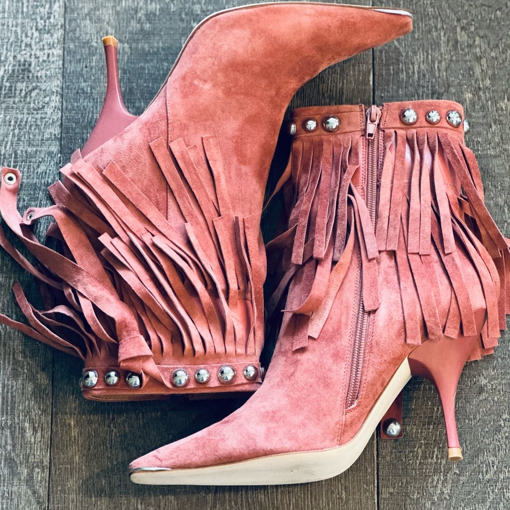 Fringe Suede Ankle Boots - Rose